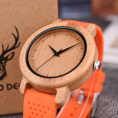 Watches Top Brand Luxury Quartz Leather Silicone Strap Bamboo Wristwatch