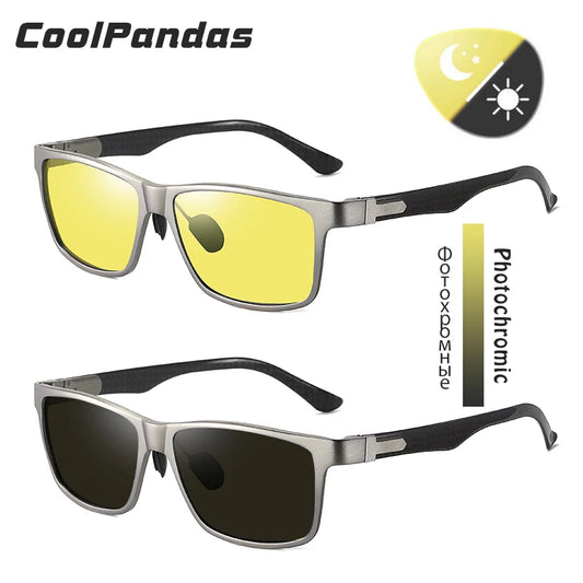 Carbon Fiber Square Photochromic Polarized UV400 Day Night Driving Sunglasses for Men Women