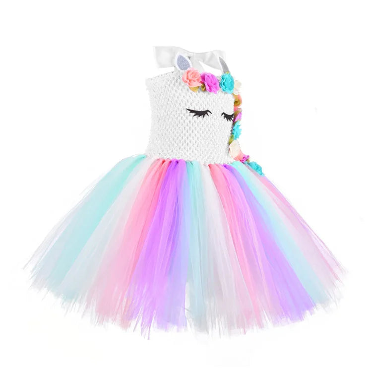 Rainbow Unicorn Princess Dress with Angel Wings Party Costume