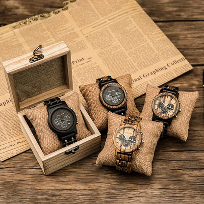 Wooden Watch in Quartz Stop Wristwatches Chronograph Waterproof Luminous Hands