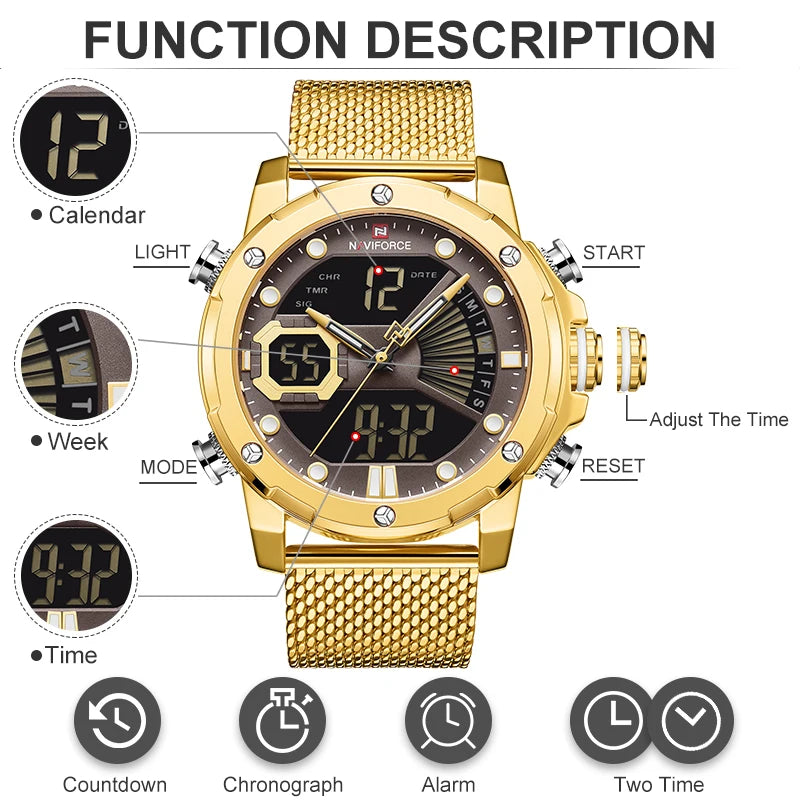 Quartz Watch Waterproof Big Sport Wristwatches Stainless Steel Date