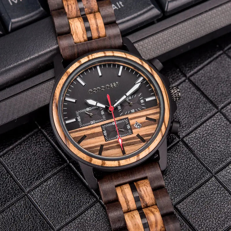 Wood Quartz Stop Watch Timer Luxury Chronograph Wristwatch Auto Date