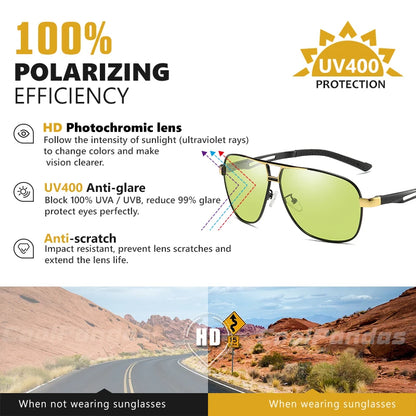 Square Driving Photochromic Polarized Sunglasses Men Yellow Day Night Vision Anti-Glare Sun glasses