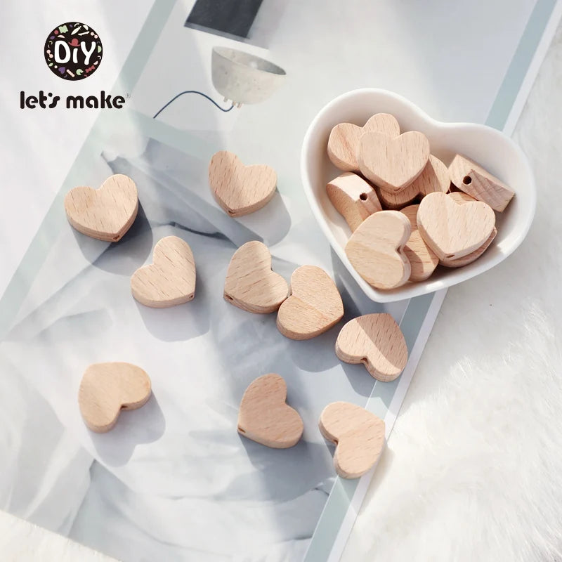 Let's Make 10pc Baby Teether Wooden Beads BPA Wooden Rodent Animal Heart Shape Teething Bead DIY Baby Pacifier Chain Accessories