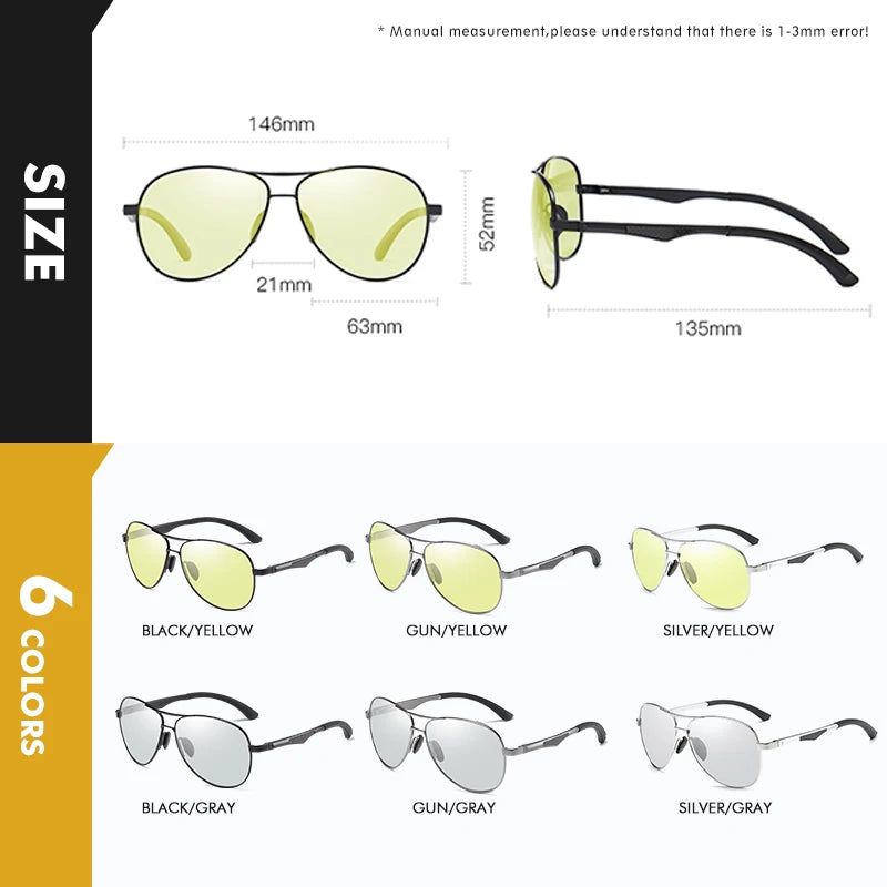 Aviation Photochromic Polarized UV400 Night Vision Driving Sunglasses for Men Women