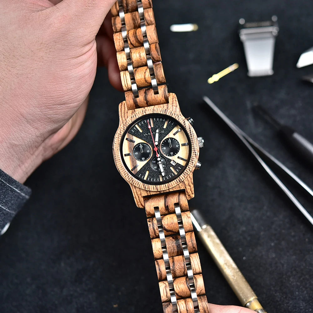 Zebra Handmade Wood Watch Quartz Classic Wristwatch Auto Date Stopwatch