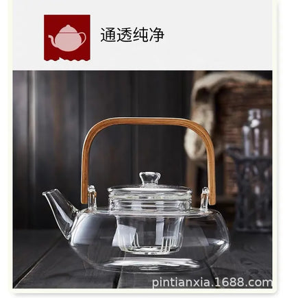 Bamboo-wood Glass Tea-making Teapot Hand-thickened Tea Pot with Filter Liner Flower Can Be Heated By Electric Pottery Oven