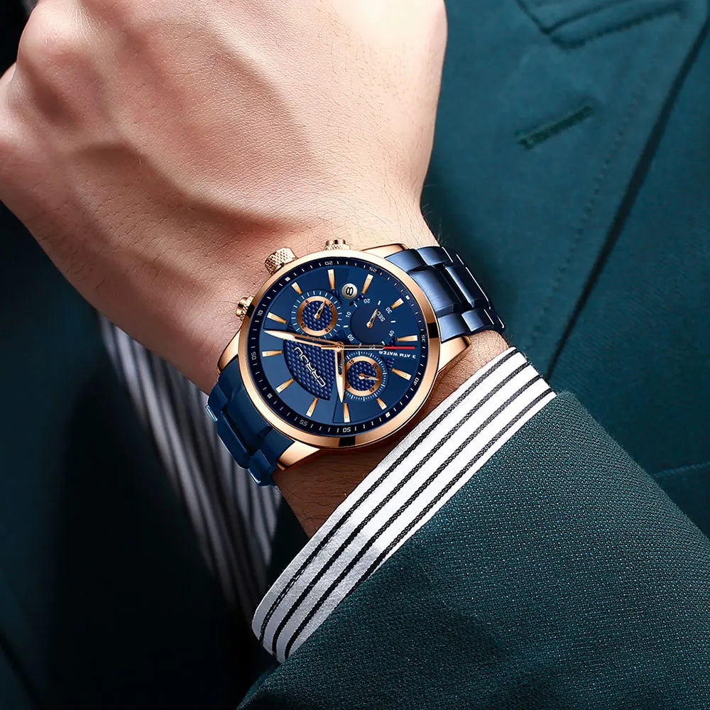 Business Men Watch Fashion Blue Date Chronograph Stianless Steel Wristwatch Mens Casual Waterproof Clock