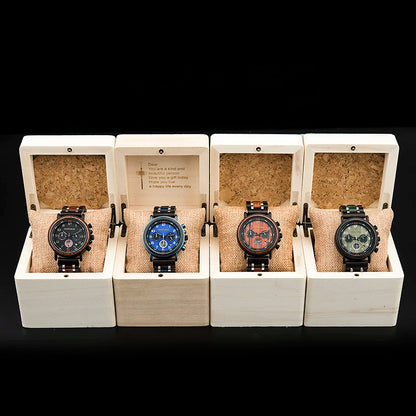 Wooden Watches in Quartz Wrist Stop Watch Stainless Steel Date Display Chronograph