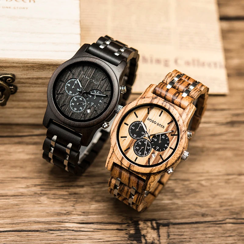 Wooden Watch in Quartz Stop Wristwatches Chronograph Waterproof Luminous Hands