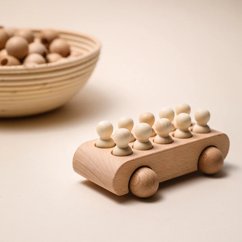 1Set Montessori Wooden Toys for Kids Wooden Peg Dolls Bus Car Children Educational Toys Beech Wood Car Blocks Baby Birthday Gift