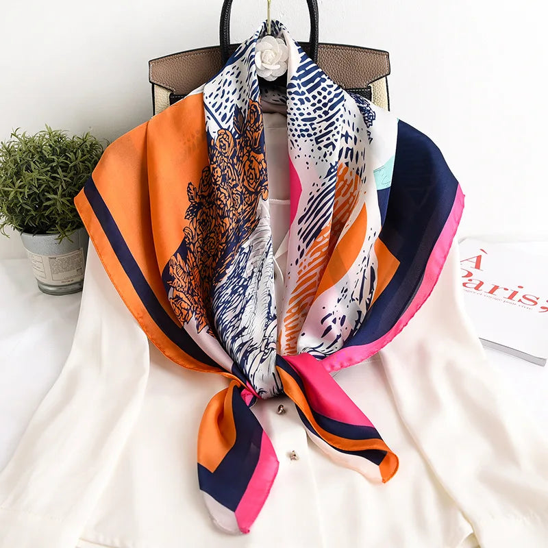 Women Scarf Silk Feeling Hair Neck Square Brand Office bandanna muffler Waiter Flight Attendants Handkerchief Rings wrap
