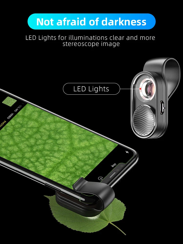 100X Smartphone Microscope Lens with LED Light Universal Clip