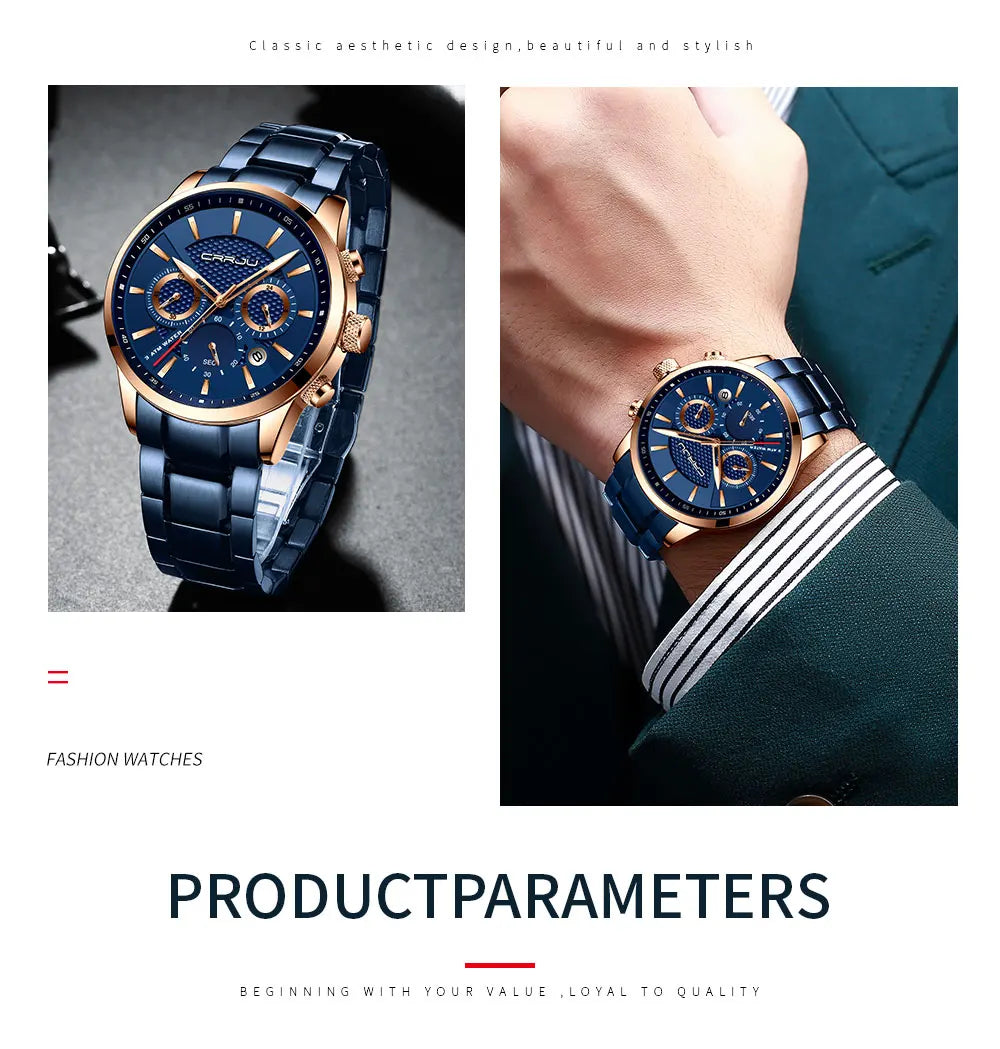 Business Men Watch Fashion Blue Date Chronograph Stianless Steel Wristwatch Mens Casual Waterproof Clock