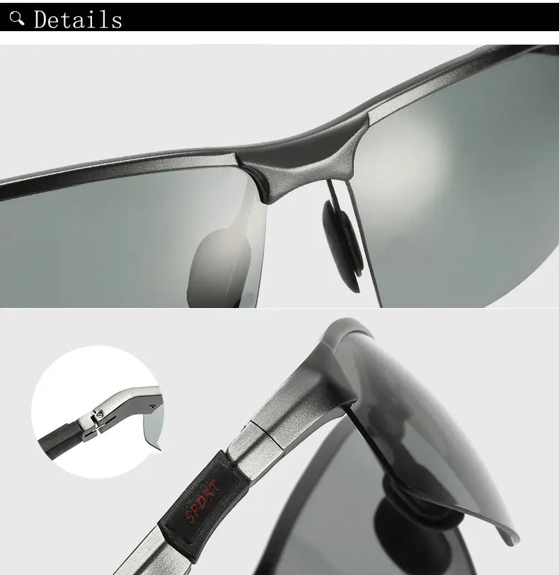 Aluminum Rimless Photochromic Polarized UV400 Driving Sunglasses for Men Women