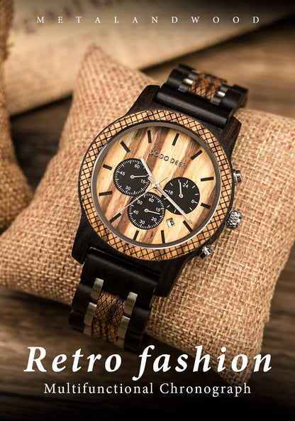 Watches Japanese Quartz Wooden Wristwatch Chronograph Top Brand Luxury Stopwatch Auto Date