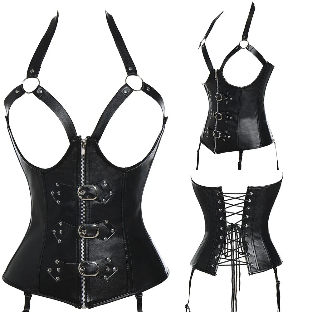 Plus Size Steampunk Gothic Corset Bustier Steel Boned Leather Waist Trainer Corset Bustier Waist Cincher Shaper Corselet