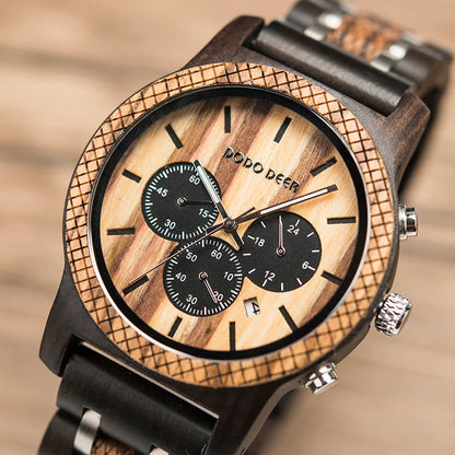 Watches Japanese Quartz Wooden Wristwatch Chronograph Top Brand Luxury Stopwatch Auto Date