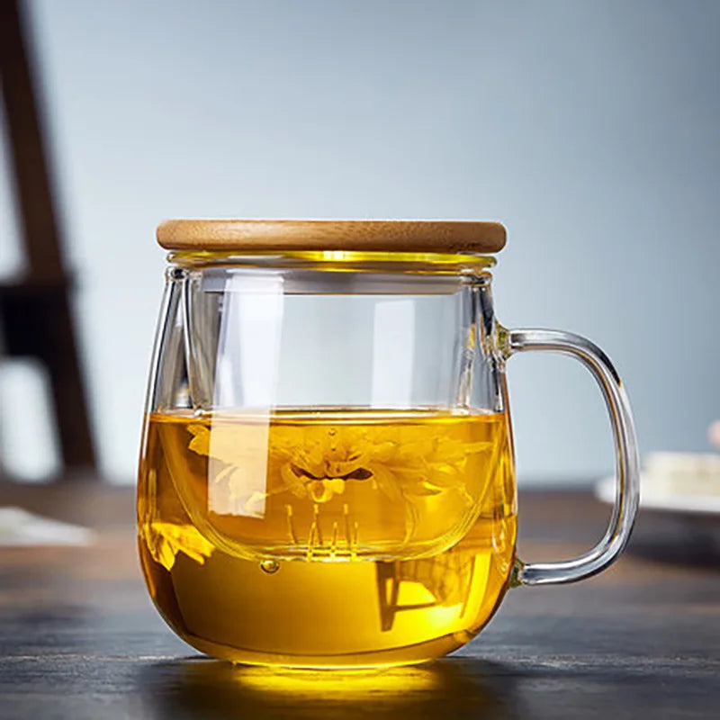Creative Glass Tea Infuser Cup With Filter Transparent Flower Teacup  Handle Bamboo Lid Heat-resistant Fruit Tea Mug Drinkware