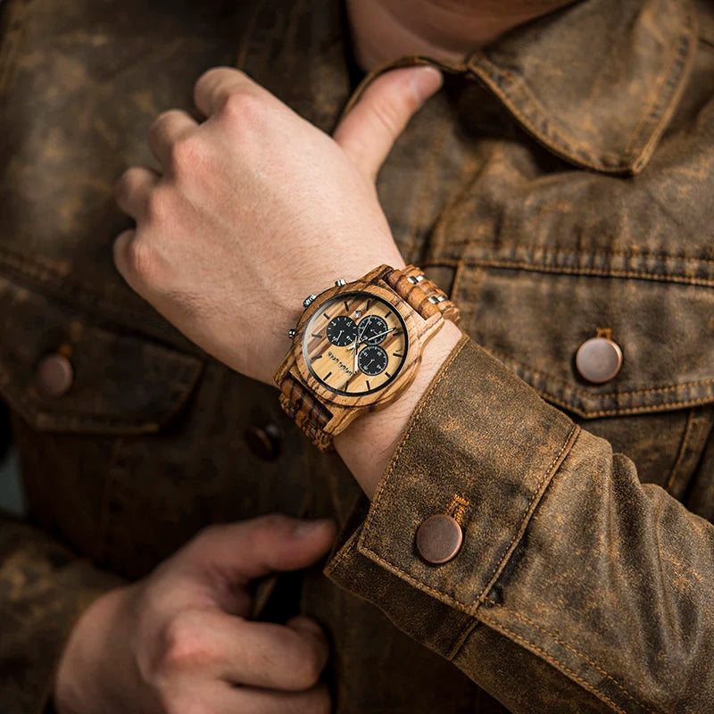 Wooden Stop Watches in Wristwatch Chronograph Auto Date Luminous Hands