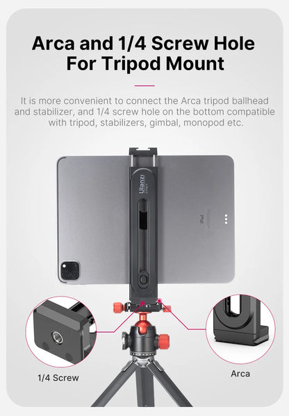 Universal Tablet Tripod Mount for size 100MM-230MM iPad Air Pro Mini with 1/4 Screw Cold Shoe for Microphone