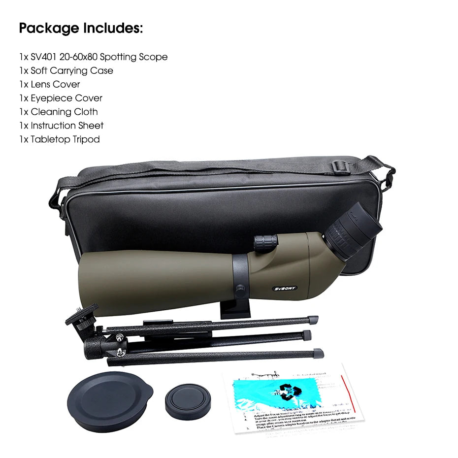 SV401 20-60x80 Spotting Scope BK7 Silver + MC Prism IPX6 Waterproof spyglass with Tripod Camping Equipment