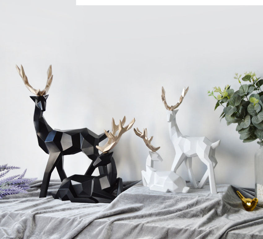 A Couple of 2Pcs Deer Statue Modern Geometric Sculpture Desktop Ornament Figurine Wine Cabinet Cafe TV Showcase Decor