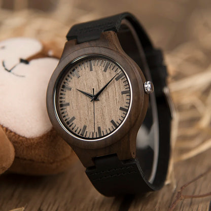 Black Men Wristwatch Quartz Wooden Watch Logo Designs Special Gift With Leather Band Wood Watches