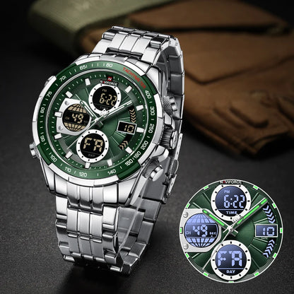 Analog Digital 3ATM Waterproof Stainless steel Wrist Watch LED Luminous Male Clock