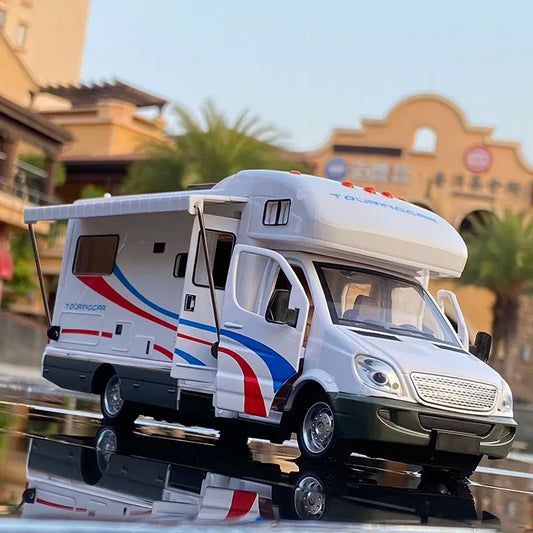 1:28 Diecast Luxury RV Recreational Vehicle Car Model Metal Camper Van Motorhome Touring Car Model Sound and Light Toy Gift
