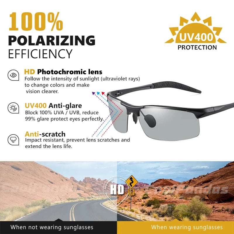 Aluminum Photochromic Polarized UV400 Anti-Glare Driving Sunglasses for Men Women