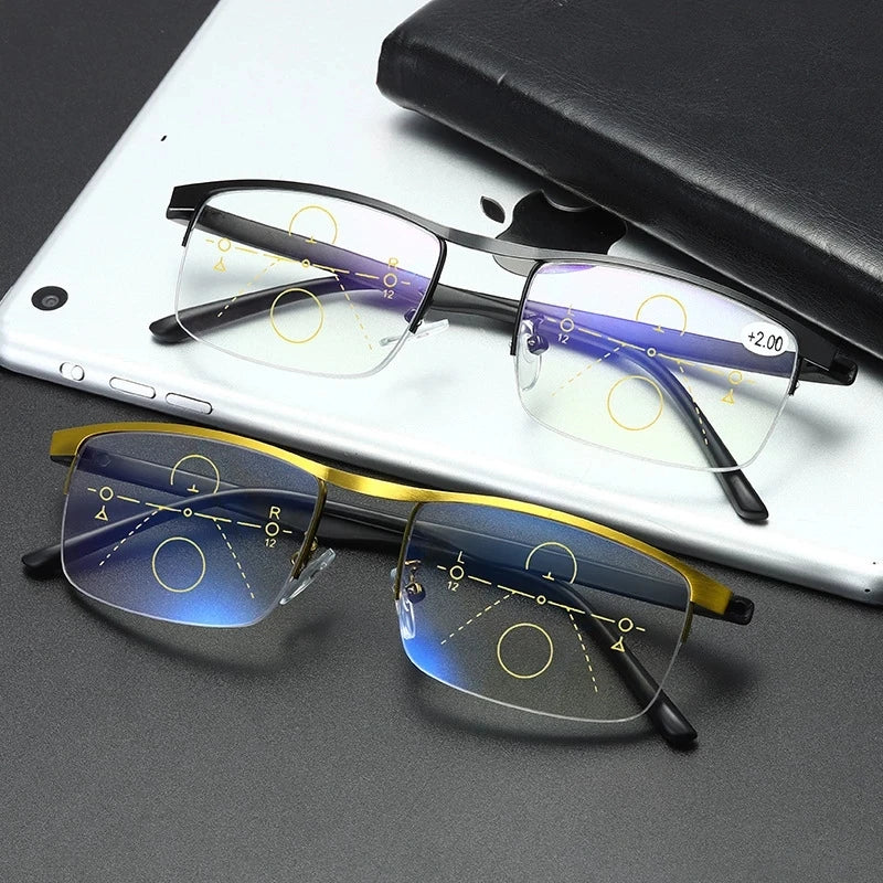 Progressive Multifocal Reading Glasses Half Frame Metal Presbyopia Eyewear Anti Blue Ray Square Magnifying Eyeglaases