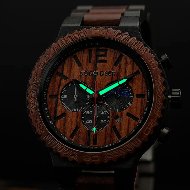 Watches Wooden Wrist Stop Watch Quartz Chronograph Luminous Hands Auto Date