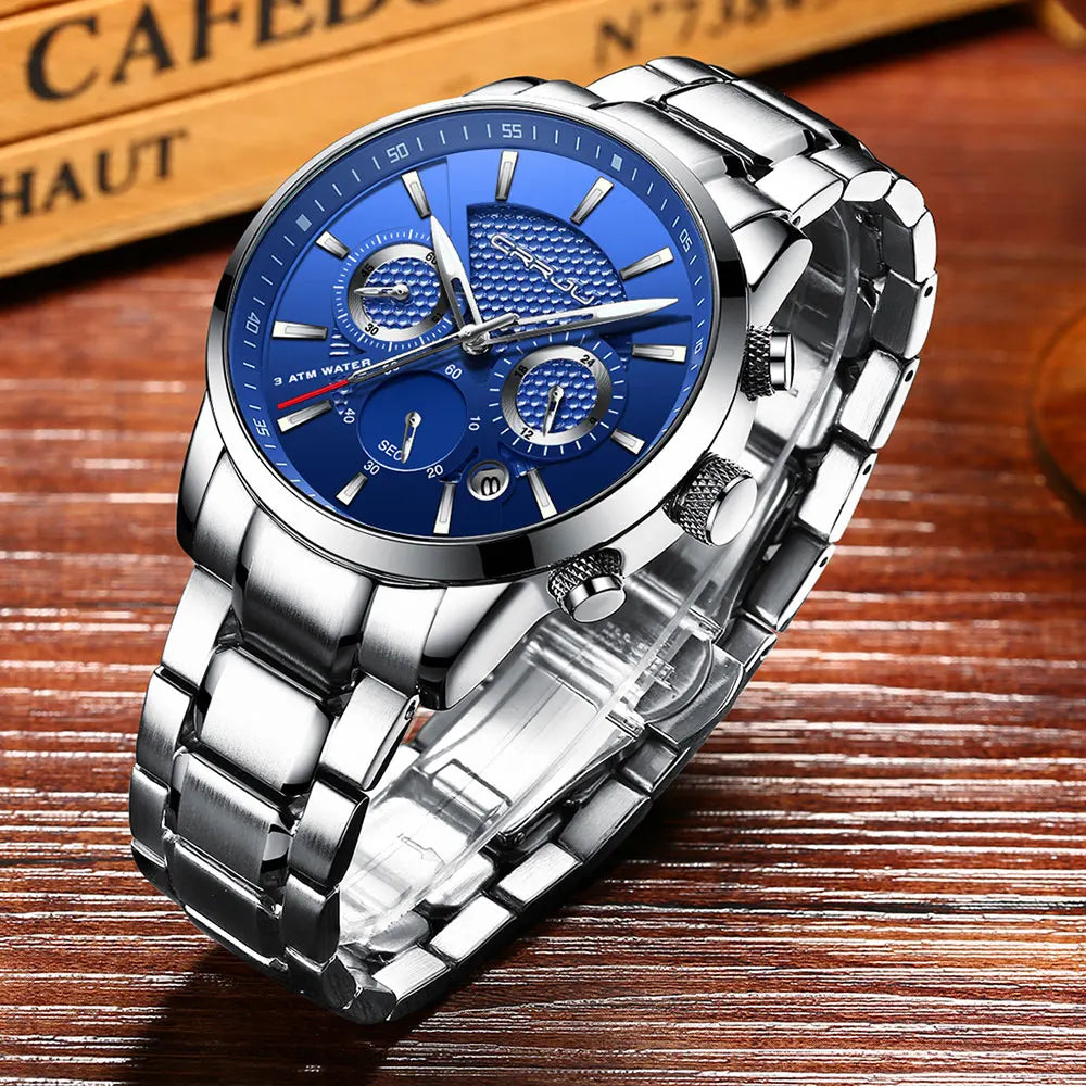 Business Men Watch Fashion Blue Date Chronograph Stianless Steel Wristwatch Mens Casual Waterproof Clock
