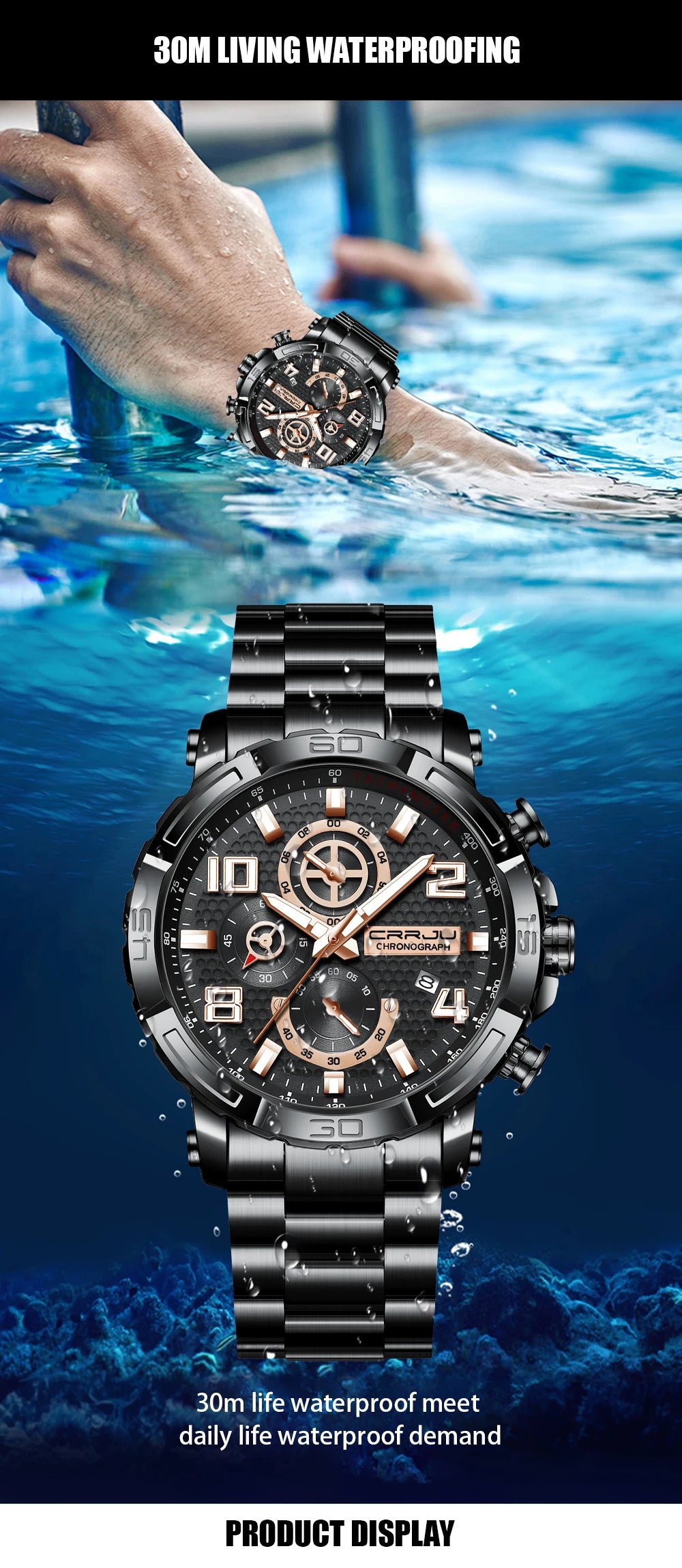 Men Watches Big Dial Waterproof Stainless Steel with Luminous handsDate Sport Chronograph Watches Relogio Masculino