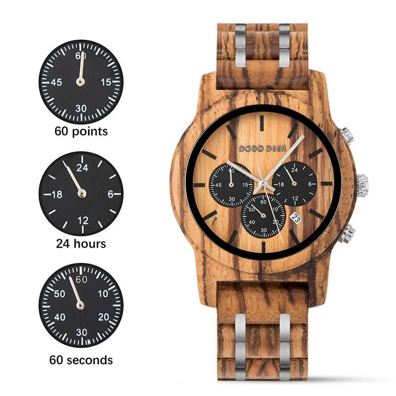 Watches Japanese Quartz Wooden Wristwatch Chronograph Top Brand Luxury Stopwatch Auto Date