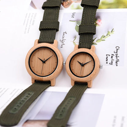 Bamboo Wooden Quartz Wristwatch for Lover Nylon Strap Couple Customize Watches