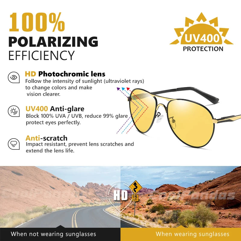 Intelligent Aviation Photochromic Polarized UV400 Day Night Driving Sunglasses for Men Women