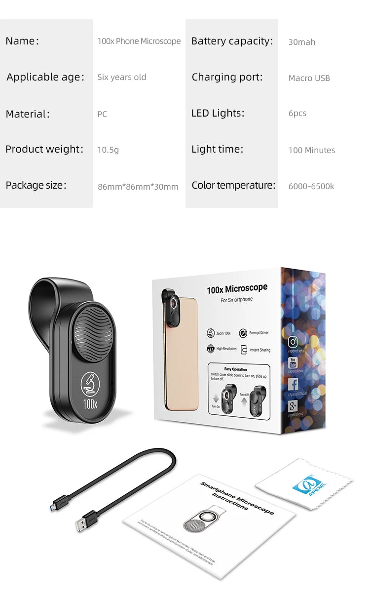 100X Smartphone Microscope Lens with LED Light Universal Clip