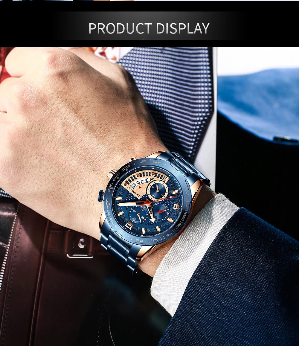 Mens Watches Fashion Stainless Steel Business Watch Luxury Luminous Waterproof Chronograph Quartz Watch Relogio Masculino