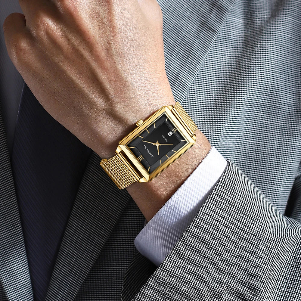 Watch Men Top Brand Luxury Square Golden Quartz Stainless Steel Waterproof Wrist Watch Relogio Masculino
