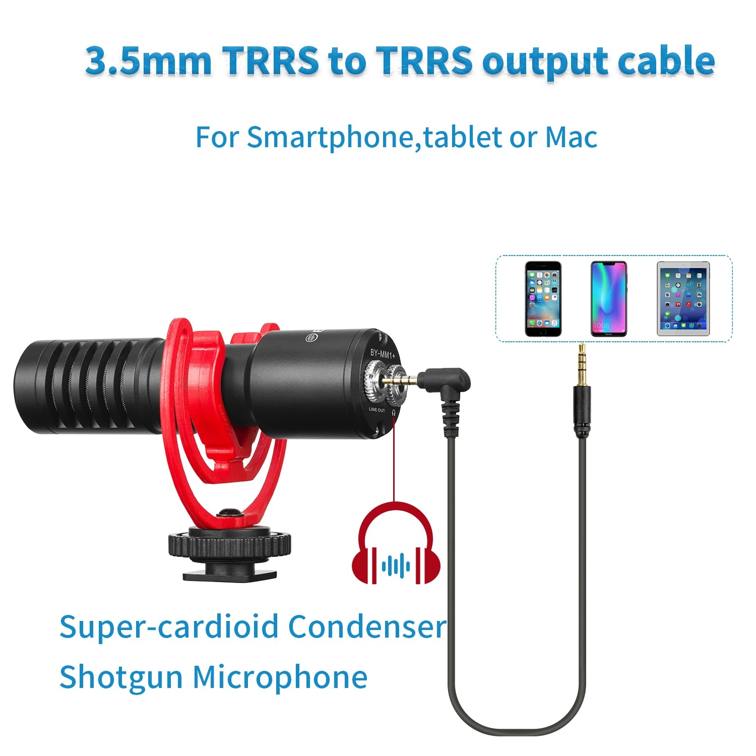 BY-MM1+ Super-Cardioid Shotgun Microphone for iPhone Android PC Laptop DSLR Cameras Camcorder YouTube Recording Streaming