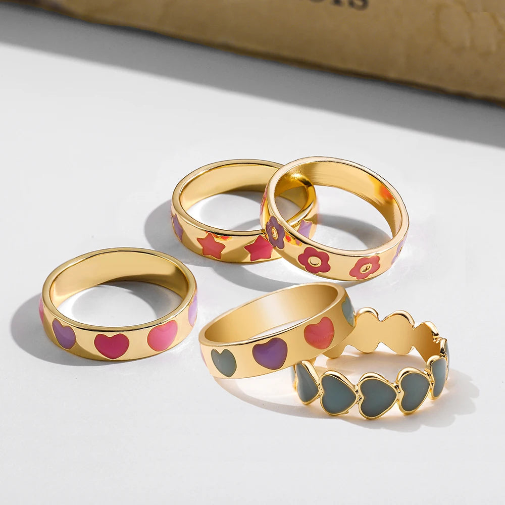 Aesthetic Colorful Enamel Heart Star Flower Shaped Ring Set for Women Cute Fashion Stacking Finger Rings