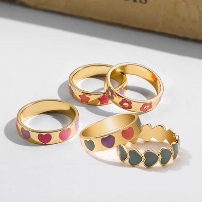 Aesthetic Colorful Enamel Heart Star Flower Shaped Ring Set for Women Cute Fashion Stacking Finger Rings