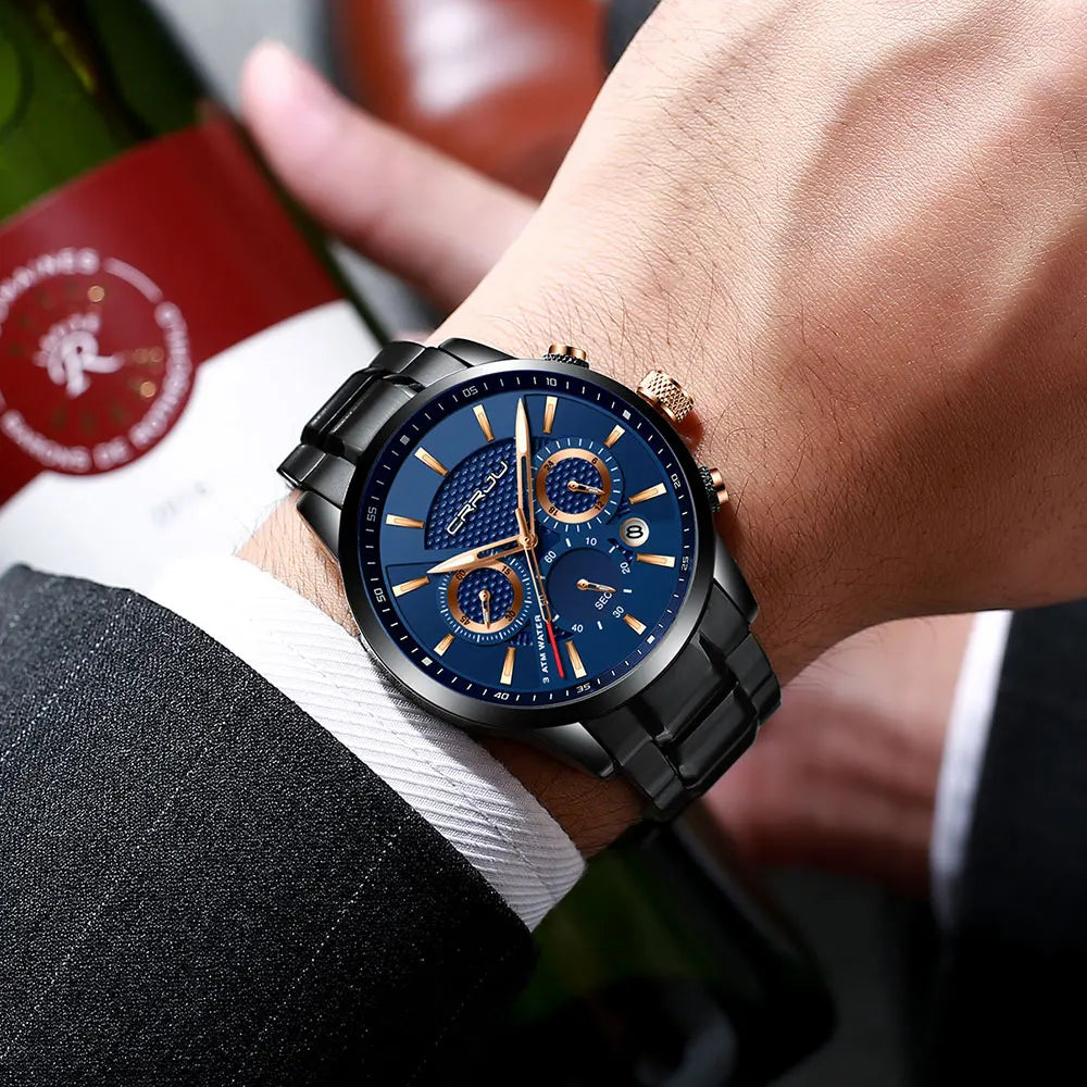 Business Men Watch Fashion Blue Date Chronograph Stianless Steel Wristwatch Mens Casual Waterproof Clock