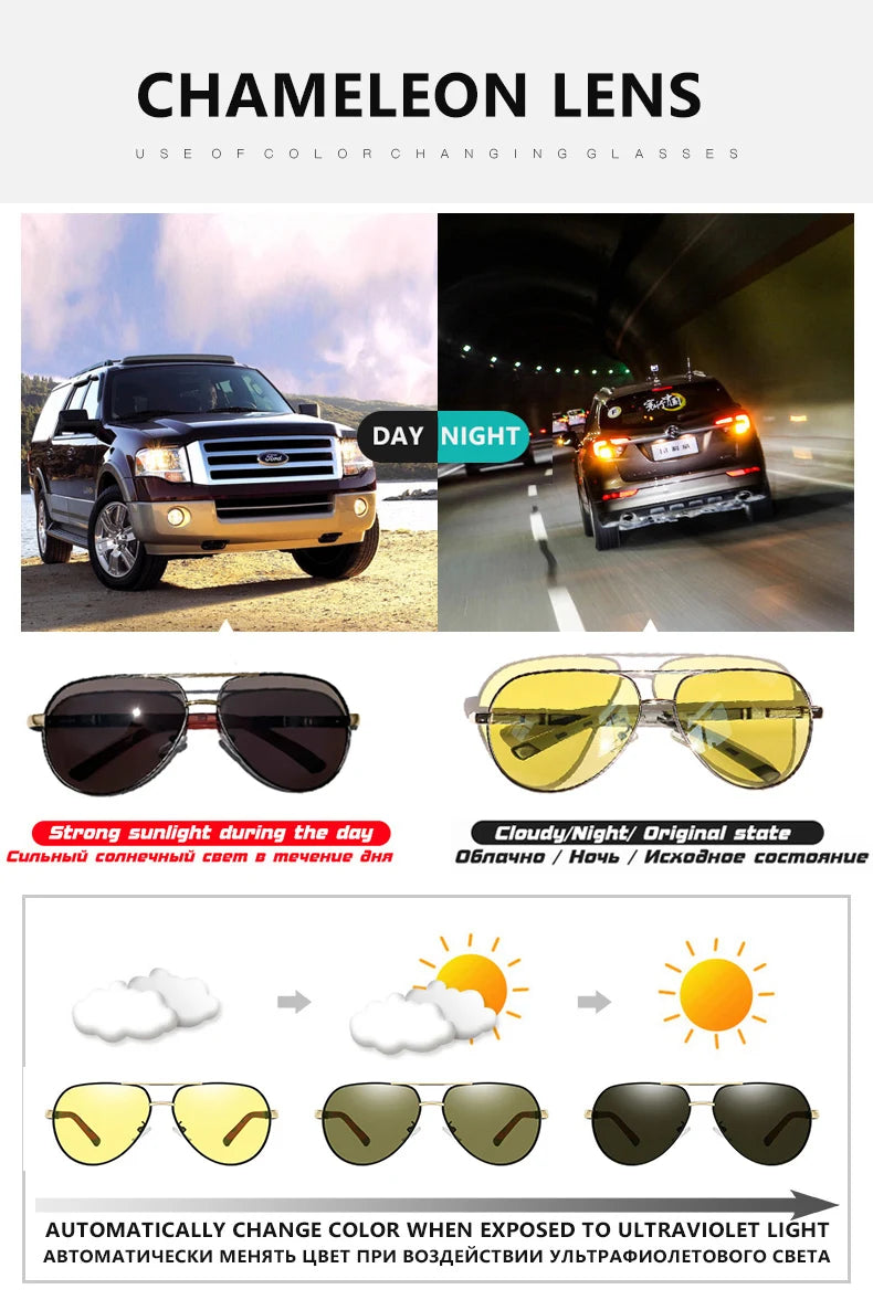 Aviation Photochromic Polarized Night Vision UV400 Driving Sunglasses for Men Women