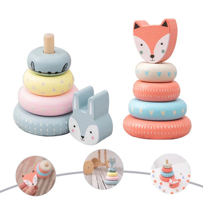 Rainbow Animal Fox Rabbit Blocks Baby Toy Wooden Blocks Stacking Tower Creative Educational Toys Early Learning Game Supplies