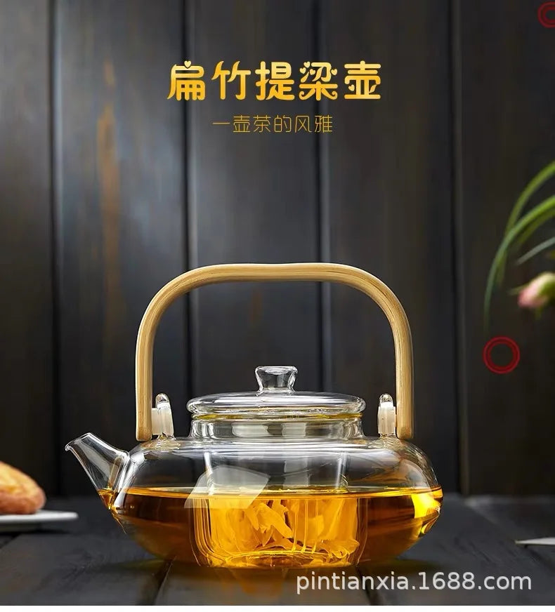 Bamboo-wood Glass Tea-making Teapot Hand-thickened Tea Pot with Filter Liner Flower Can Be Heated By Electric Pottery Oven