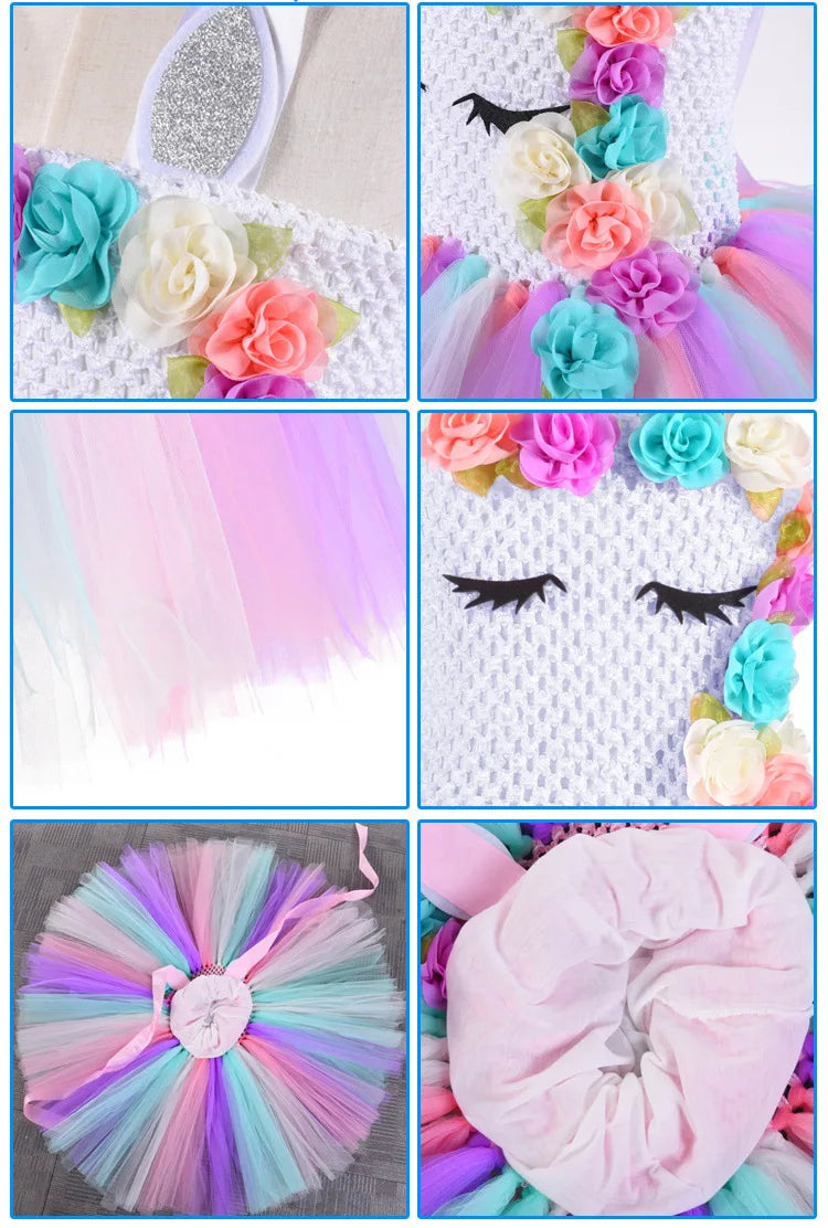 Rainbow Unicorn Princess Dress with Angel Wings Party Costume