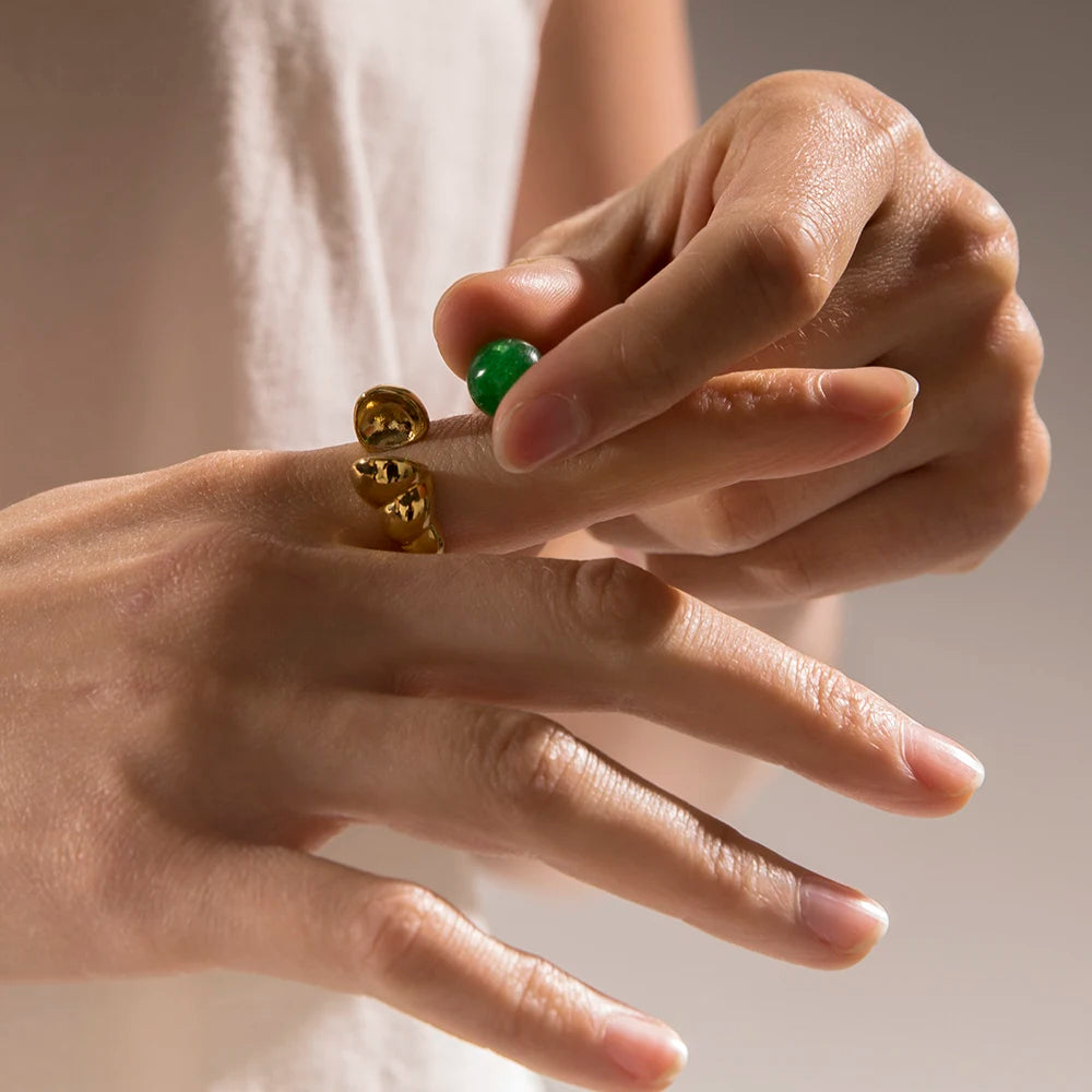 Vintage Croissant Chunky Ring Adjustable Round White Pearl Beads Green Stone Rings